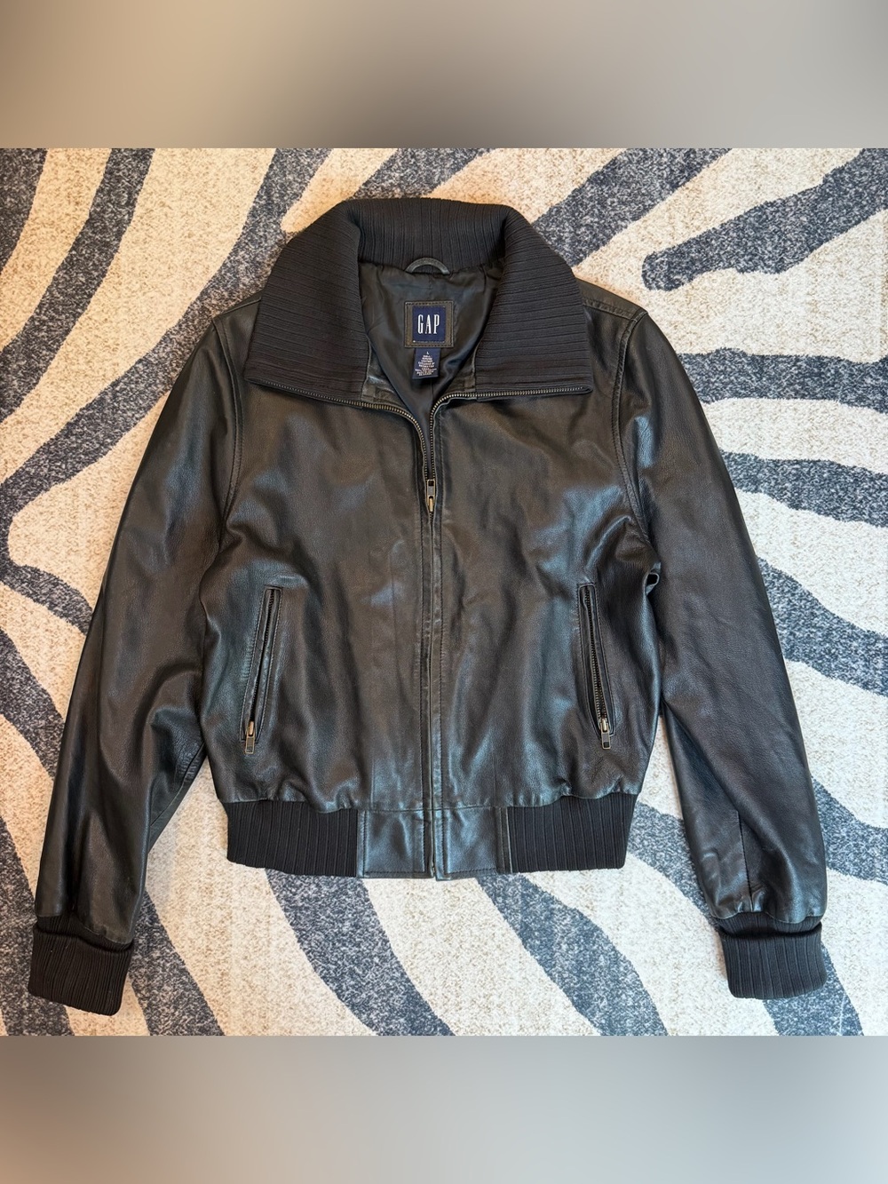 Vintage Gap Jacket Mens L Black Leather Bomber Full Zip Ribbed Collar Lined